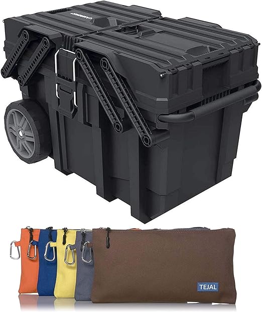 TEJAL Husky Cantilever Tool Box 25 in. Plastic Tool Box Organizer, Portable Rolling Tool
