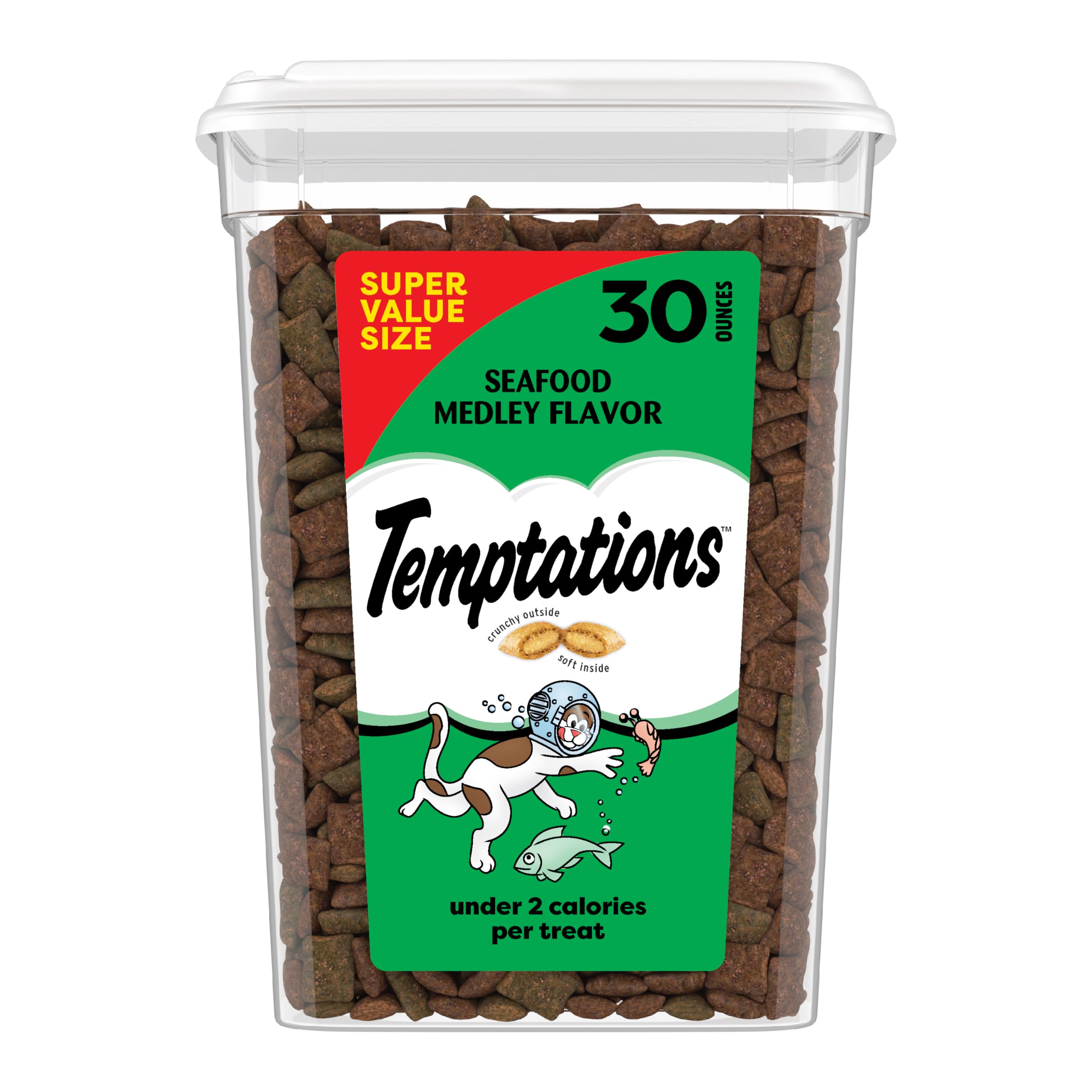 Temptations Classic Crunchy and Soft Cat Treats Seafood Medley Flavor, 30 Oz. Tub
