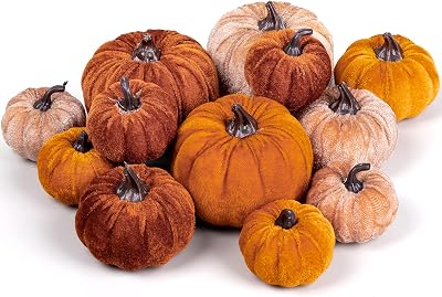 Whaline 12Pcs Fall Velvet Foam Pumpkins 3 Sizes Orange Brown Khaki Decor