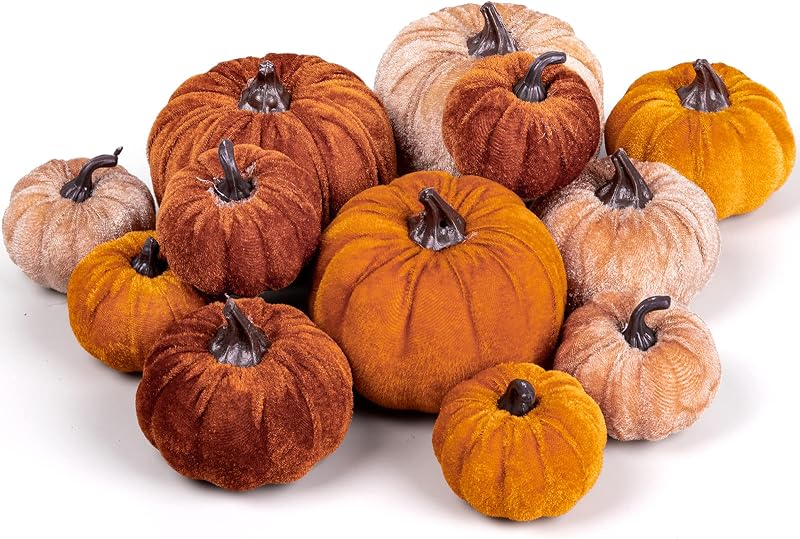 Whaline 12Pcs Fall Velvet Foam Pumpkins 3 Sizes Orange Brown Khaki Decor