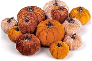 Whaline 12Pcs Fall Faux Velvet Pumpkins Thanksgiving Harvest Artificial Fake Pumpkin Rustic Assorted Sizes Orange Brown Khaki Small Foam Pumpkins for Fall Wedding Party Home Table Decor