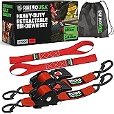 Rhino USA Retractable Ratchet Straps (2-Pack) - 2 Inch x 10 Feet (3,033lb Break Strength) - Heavy Duty Auto Self Retracting Tie Down Straps for Truck, Cargo Trailer, Motorcycle, Rad & More - Red