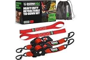 Rhino USA Retractable Ratchet Straps (2-Pack) - 2 Inch x 10 Feet (3,033lb Break Strength) - Heavy Duty Auto Self Retracting T