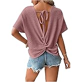 Verdusa Women's Twist Tie Backless Cut Out Tops Waffle Short Sleeve Shirts Basic Tees