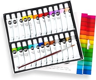 perfect ideaz 24 Tuben á 12 ml Acryl-Farbe-Set Bunt mit Pinsel, 22 Verschiedene Kreativ-Mal-Farben, Hoher Anteil an Farb-Pigmenten, Acrylic Paint Hoch-Deckend & Schnell-Trocknend, Zum Malen & Zeichnen