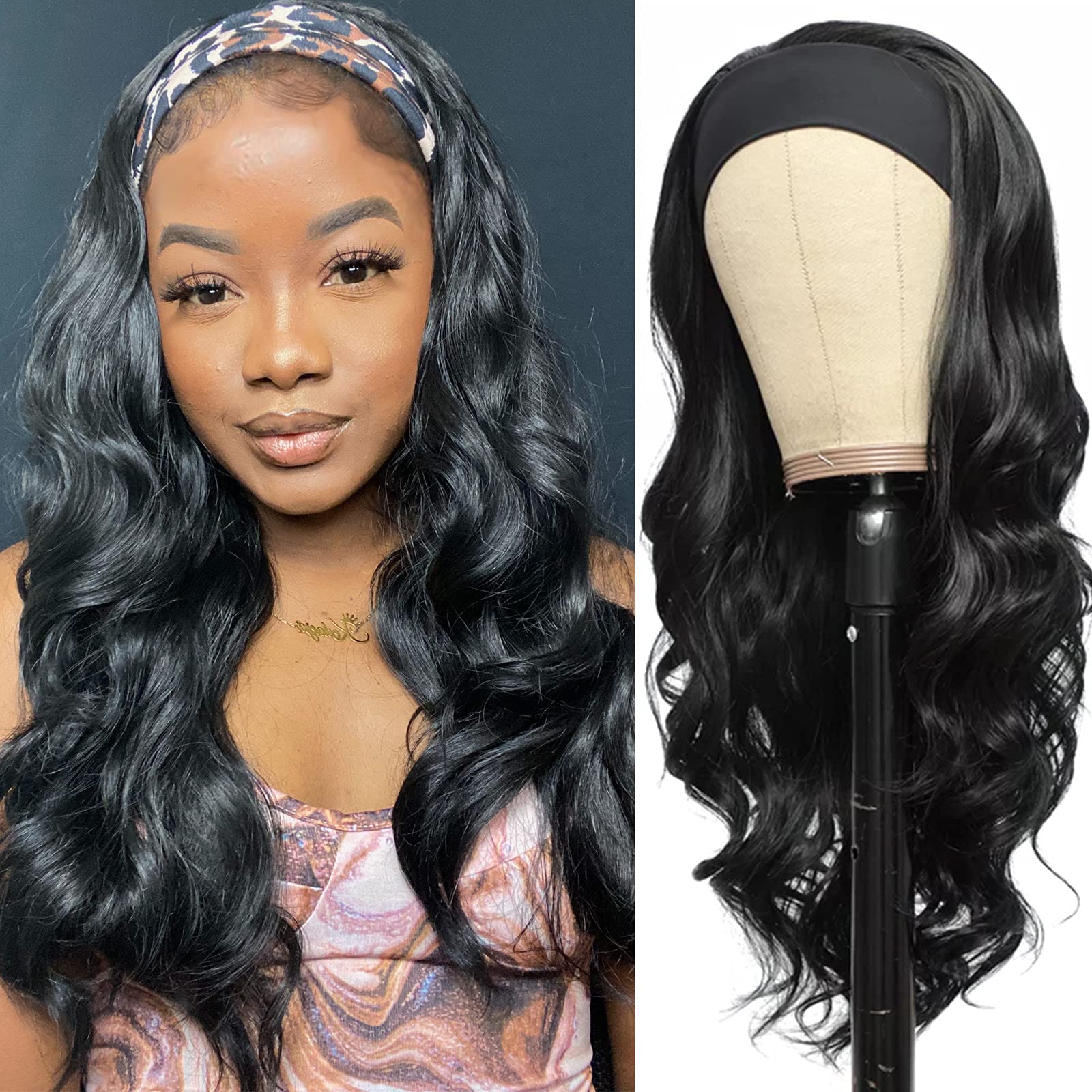 Photo 1 of Colorful Queen Glueless Headband Wig Long Black Body Wave Headband Wigs for Black Women Synthetic Natural Looking Wavy Wig Heat Resistant 180% Density (26inch, 1B#)