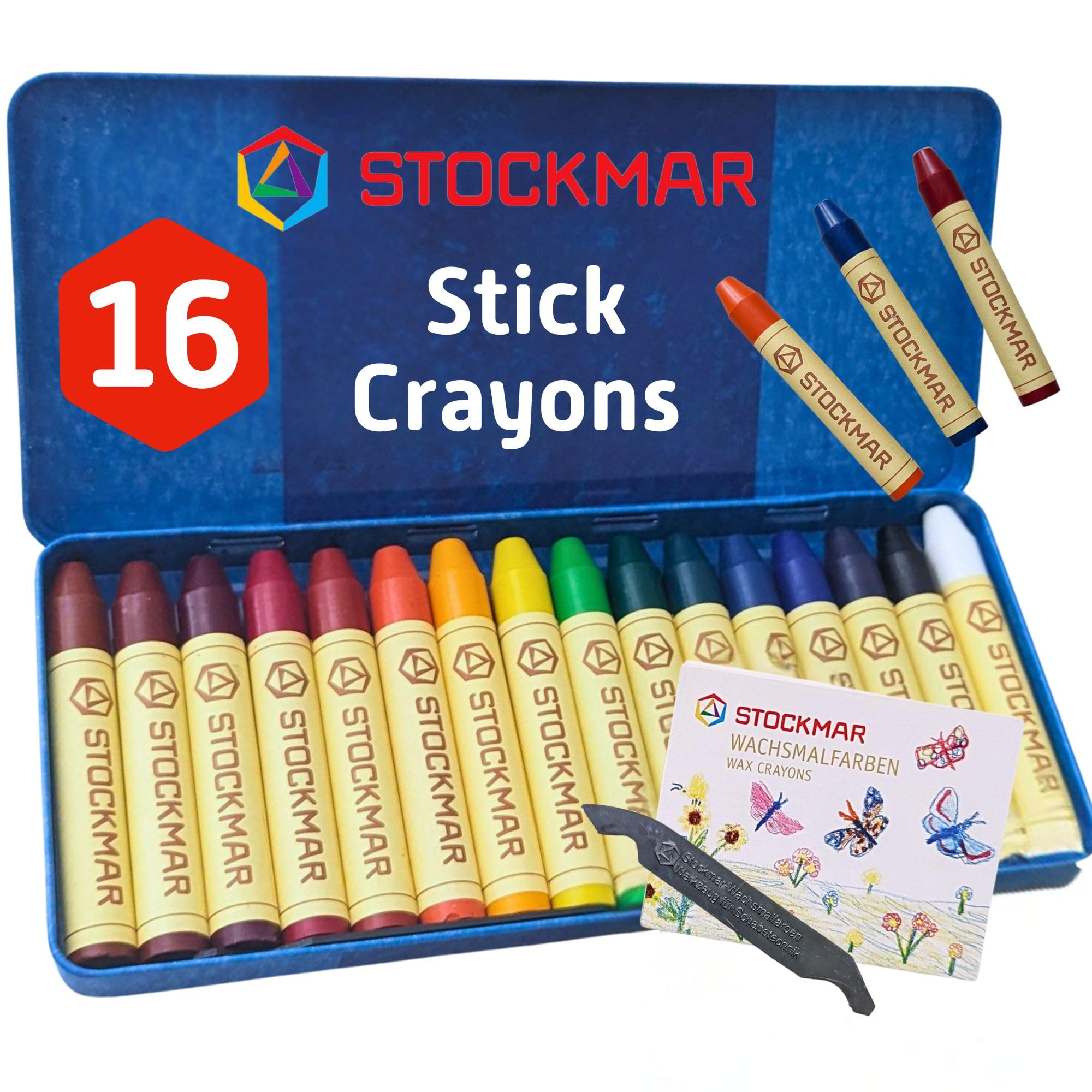 Stockmar 32000 Pure Beeswax Wax Crayons - 16 Bright Colours - Includes Scraper - Packaged in a handy tin case - Ideal for painting for children