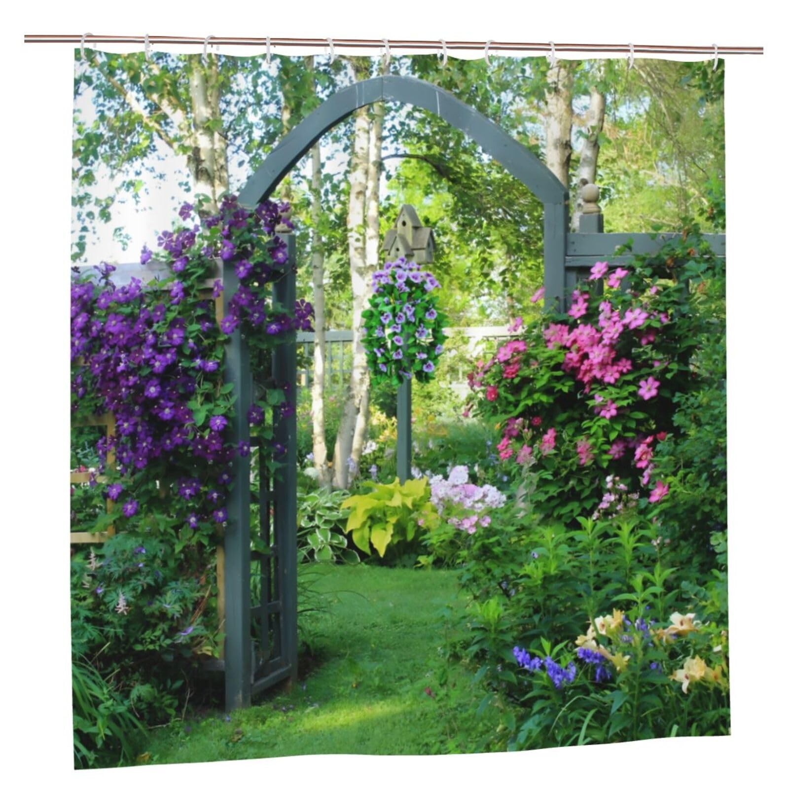 Newhomestyle Morning Glory Garden Scenery Shower Curtain, Waterproof Polyester Fabric Purple Floral Outdoor Bathroom Curtain, Flower Bath Room Bathtub Curtain with 12 Hooks, 180X180cm — image 1