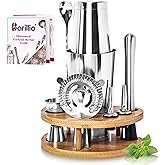 Barillio Elite Mixology Bartender Kit with Stand - Cocktail Shaker Set with Bamboo Stand, Boston Drink Shaker, Mojito Muddler, and Drink Mixer Spoon - 9-Piece Bar Tools Set - Bar Accessories for Home