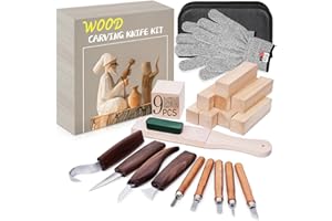 WONFLY Wood Carving Kit, 4PCS Wood Carving Knives & 5PCS Detail Knives, 9 Basswood Blocks, 1 Pair Gloves, Roll Bag, Strop Block, Polishing Compound Whittling Kit Hobbies for Adults
