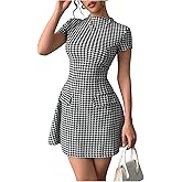 Floerns Women's Houndstooth Print High Neck Mini Dress Short Sleeve Bodycon Dresses