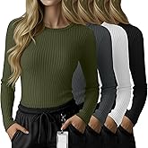 Velvelhall 4 Pack Women's Underscrub Shirts Long Sleeve Ribbed Crewneck Tops Slim Fit Soft Cotton Undershirts for Nurse