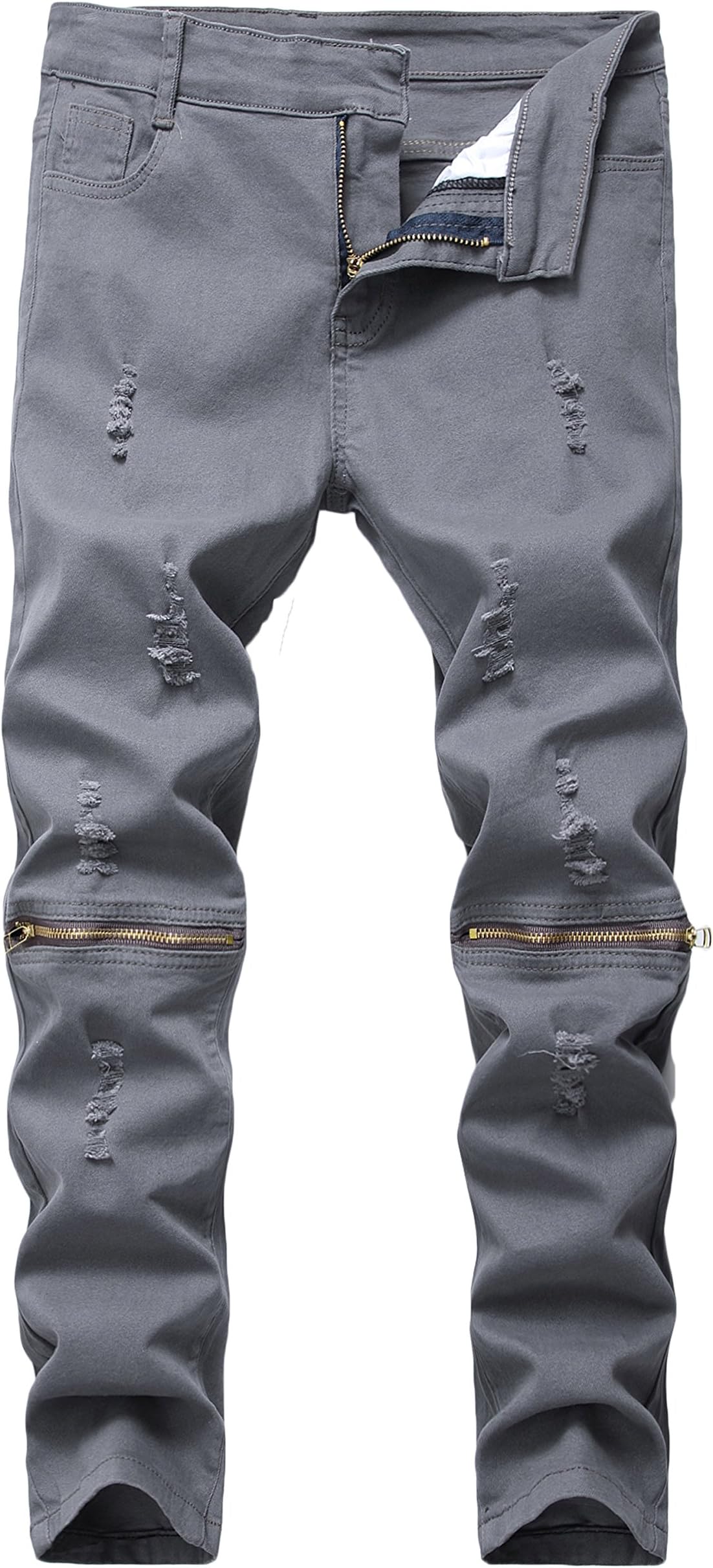 Boy's Slim Fit Skinny Ripped Distressed Zipper Jeans Pants with Holes