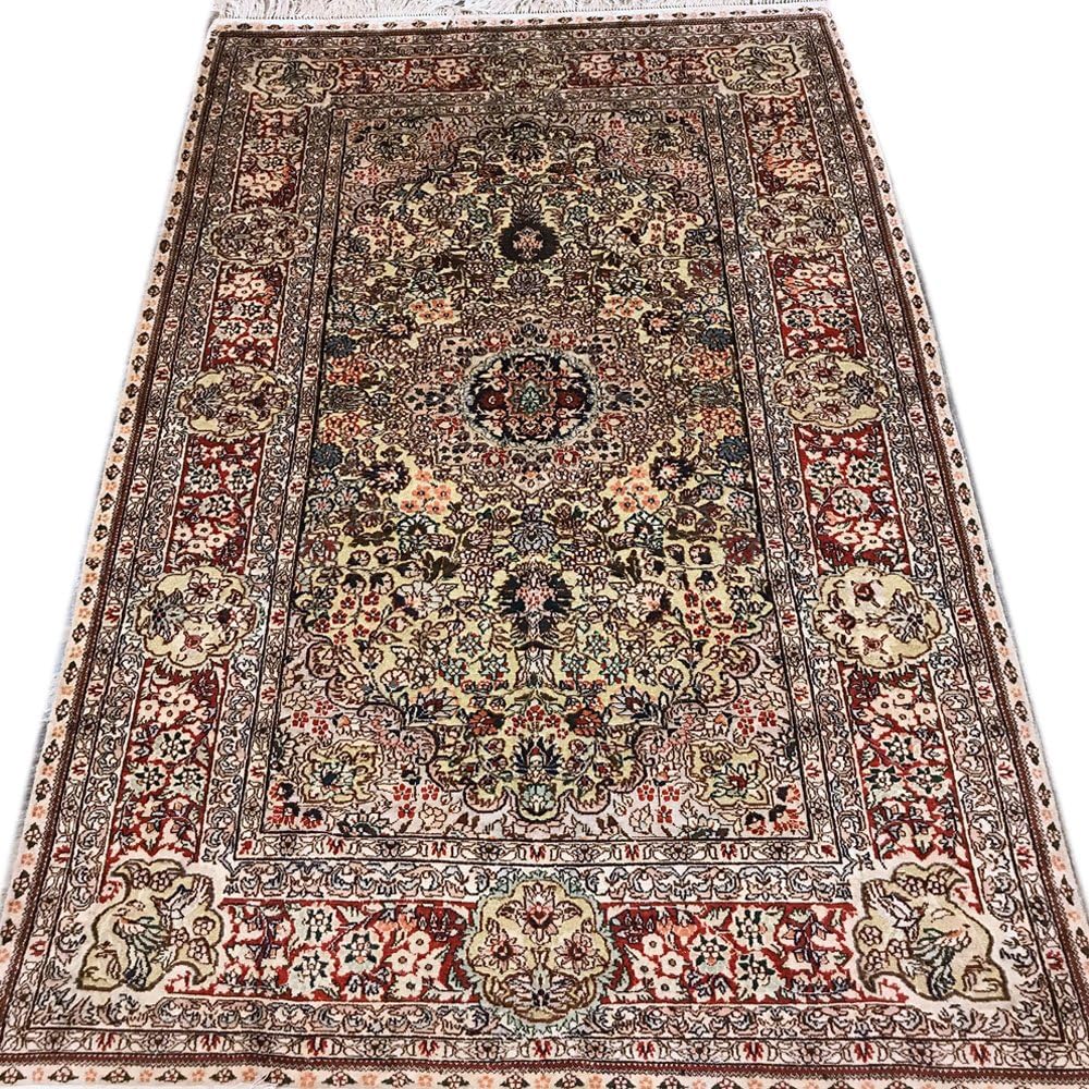 Yilong Handmade Antique Turkish Golden Silk Rug Traditional Hand Knotted Hereke Carpet(4-Feet-by-6-Feet) Y343C4x6