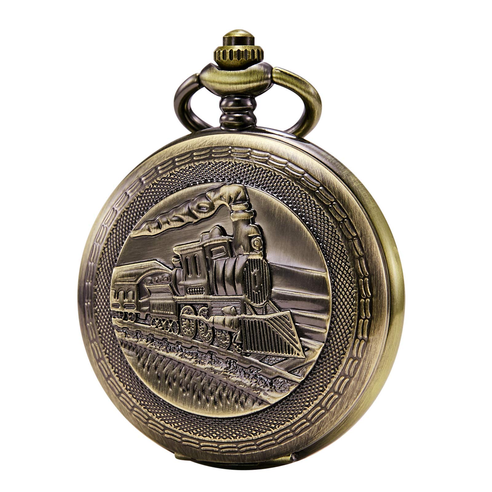 TREEWETO Mens Womens Antique Mechanical Pocket Watch Skeleton Bronze Case Steam Train Railroad Roman Numerals