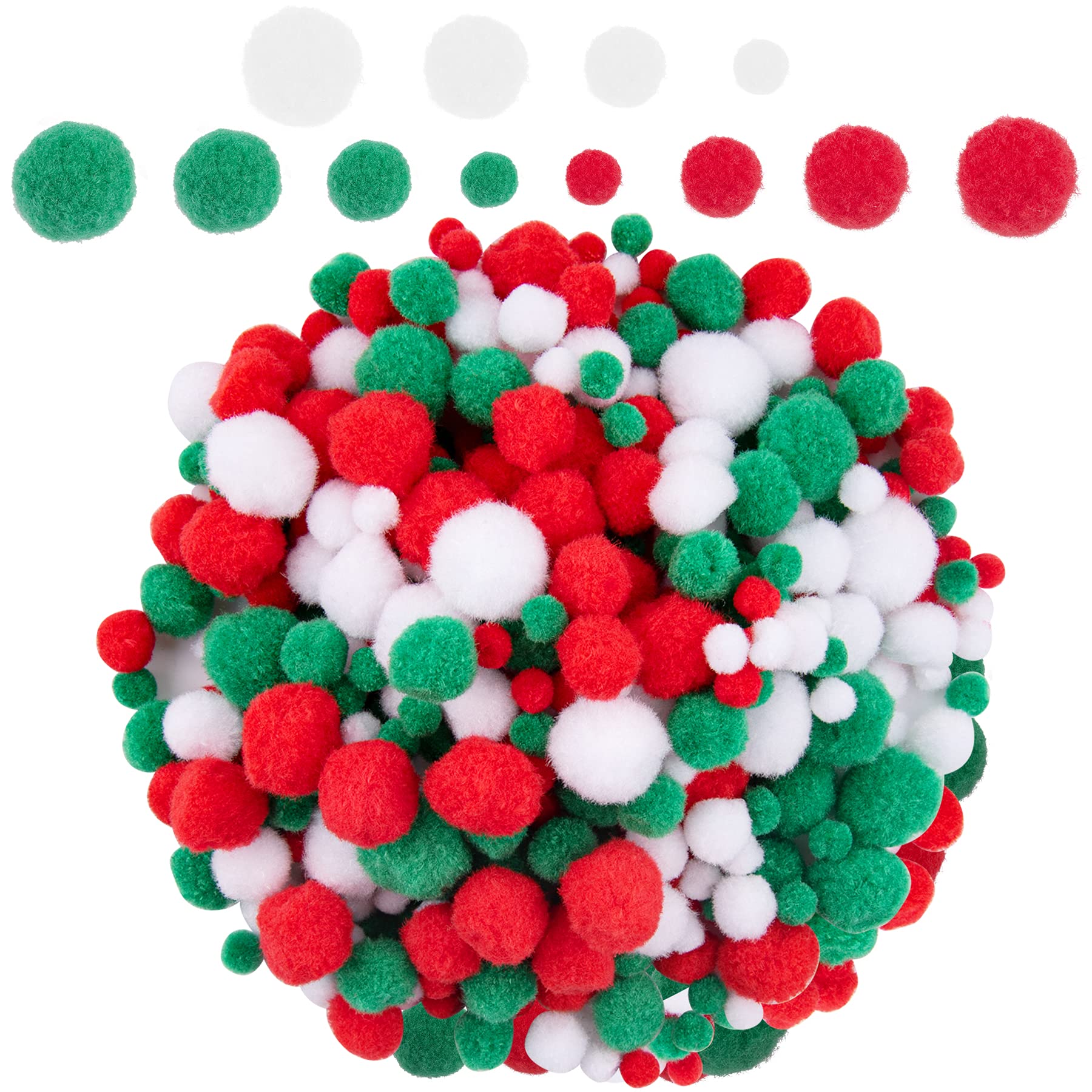 BQTQ 1200 Pieces Christmas Pom Pom Mini Fluffy Pom Pom Balls for Craft Making and Christmas Decorations, Red White Green, 4 Sizes