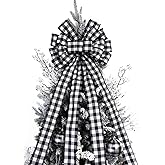 Christmas Checked Tree Topper,48x13 Inches Large Toppers Bow,Black and White Plaid Buffalo Decorative Bows for Christmas Decoration (Black and White Plaid)
