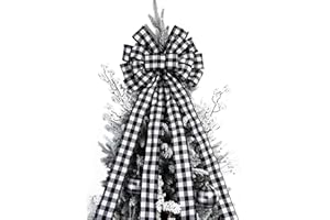 BUVANE Christmas Checked Tree Topper,48x13 Inches Large Toppers Bow,Black and White Plaid Buffalo Decorative Bows for Christmas Decoration (Black and White Plaid)