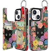 Shorogyt Compatible with iPhone 13 Wallet Case with Card Holder - Designer Floral Cat Pattern Kickstand Magnetic Clasp Back Flip Folio Leather Phone Covers for Women Men Girls