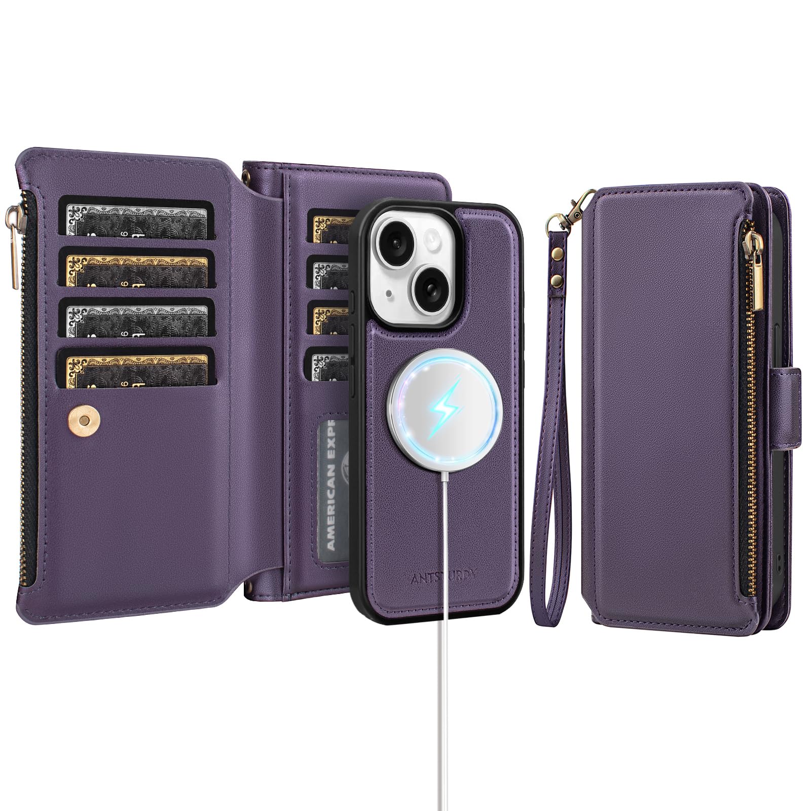 Antsturdy Compatible with Magsafe Magnetic 2 in 1 Detachable iPhone 15 Wallet Case with Credit Card Holder Slots,PU Leather Flip RFID Blocking Phone Cover Wrist Strap Zipper Women Men,Purple