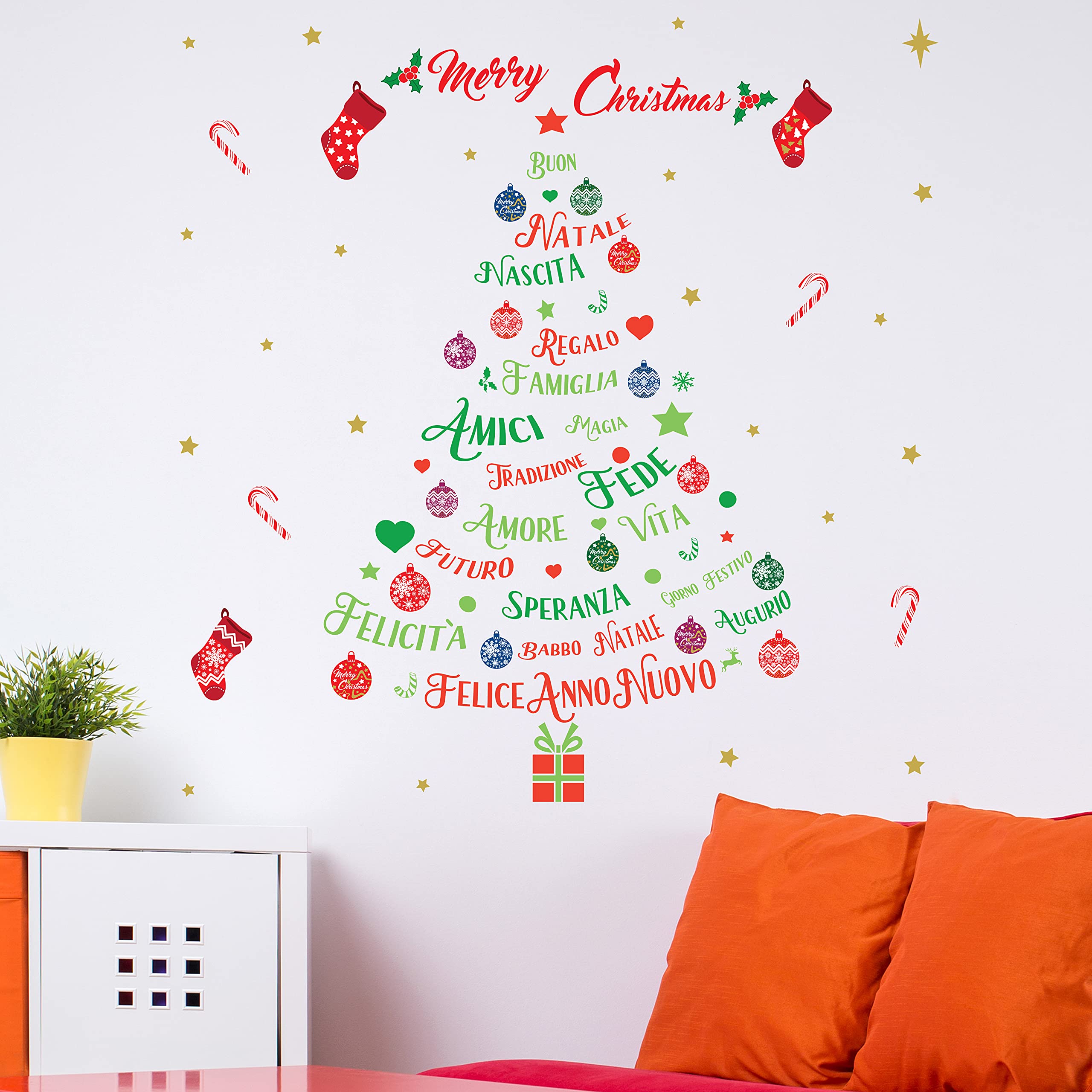 Wallflexi Christmas Decorations Wall Stickers " Merry Christmas & Italian Quotes Christmas Tree" Wall Murals Decals living Room Children Nursery School Restaurant Cafe Hotel Home Office Décor, multicolour