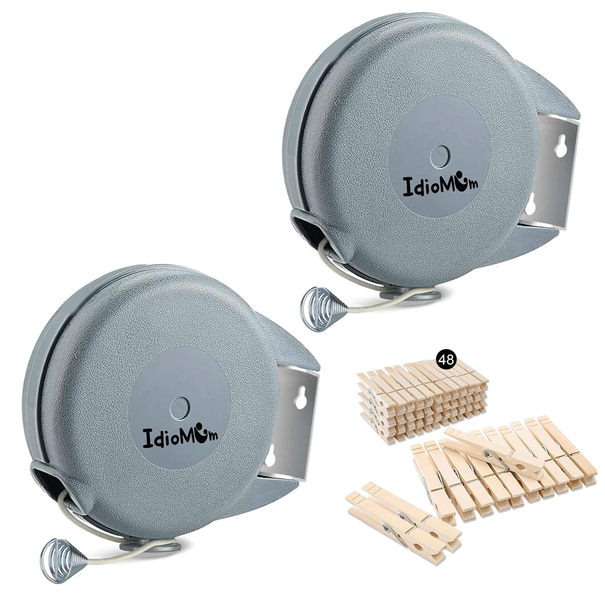 Photo 1 of Idiomum Pack of 2 Retractable Clothesline 40 Feet with 48 Clothes Pins | Heavy Duty Laundry Line Retractable | PVC Clothes line Retracting Indoor Outdoor Clothesline | Clothes Drying Line Wall Mount