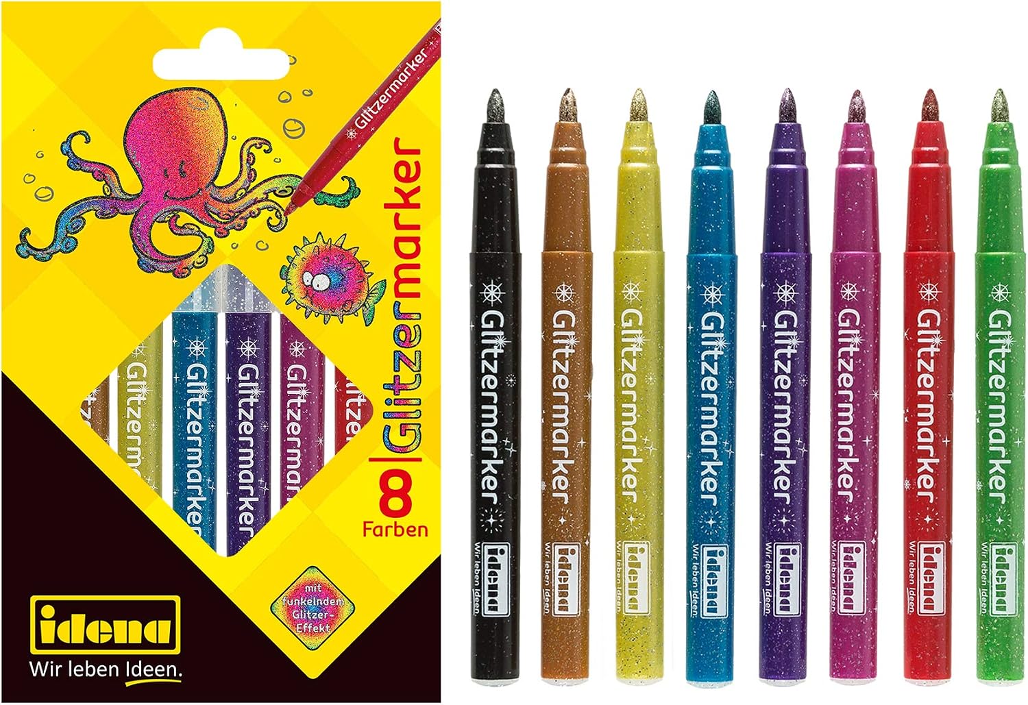 Idena 60053 Glitter Markers Pack of 8 Assorted Colours, Blue, Pink, Black, 1 count (Pack of 8) - Image 3