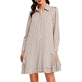 Ladyful Long Sleeve Striped Shirt Mini Dress for Women Button Down Ruffle Tiered Drop Waist Shift Tunic Short Dress