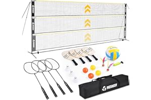 Patiassy Volleyball Badminton Pickleball 3-in-1 Combo Net Set, 5.1-7.4ft Adjustable Height Sports Nets for Backyards, Portable 17ft Outdoor Net with Carry Bag, Rackets and Balls