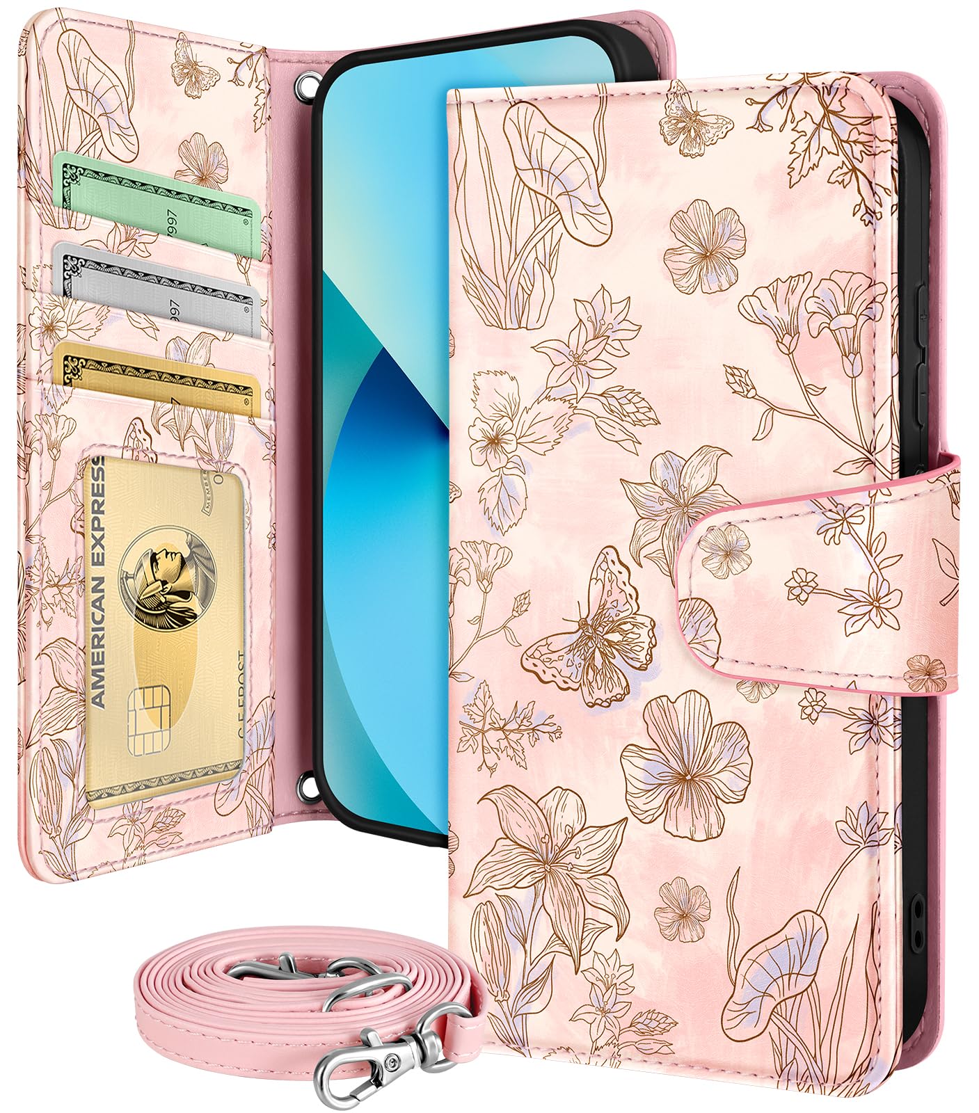 Photo 1 of Buleens for Samsung Galaxy S23 Wallet Case for Women - with Card Holder S23 Flip Case Leather Crossbody Cute Aesthetic Galaxy S23 Case with Strap Kickstand for Girls Girly, PK Line Flower