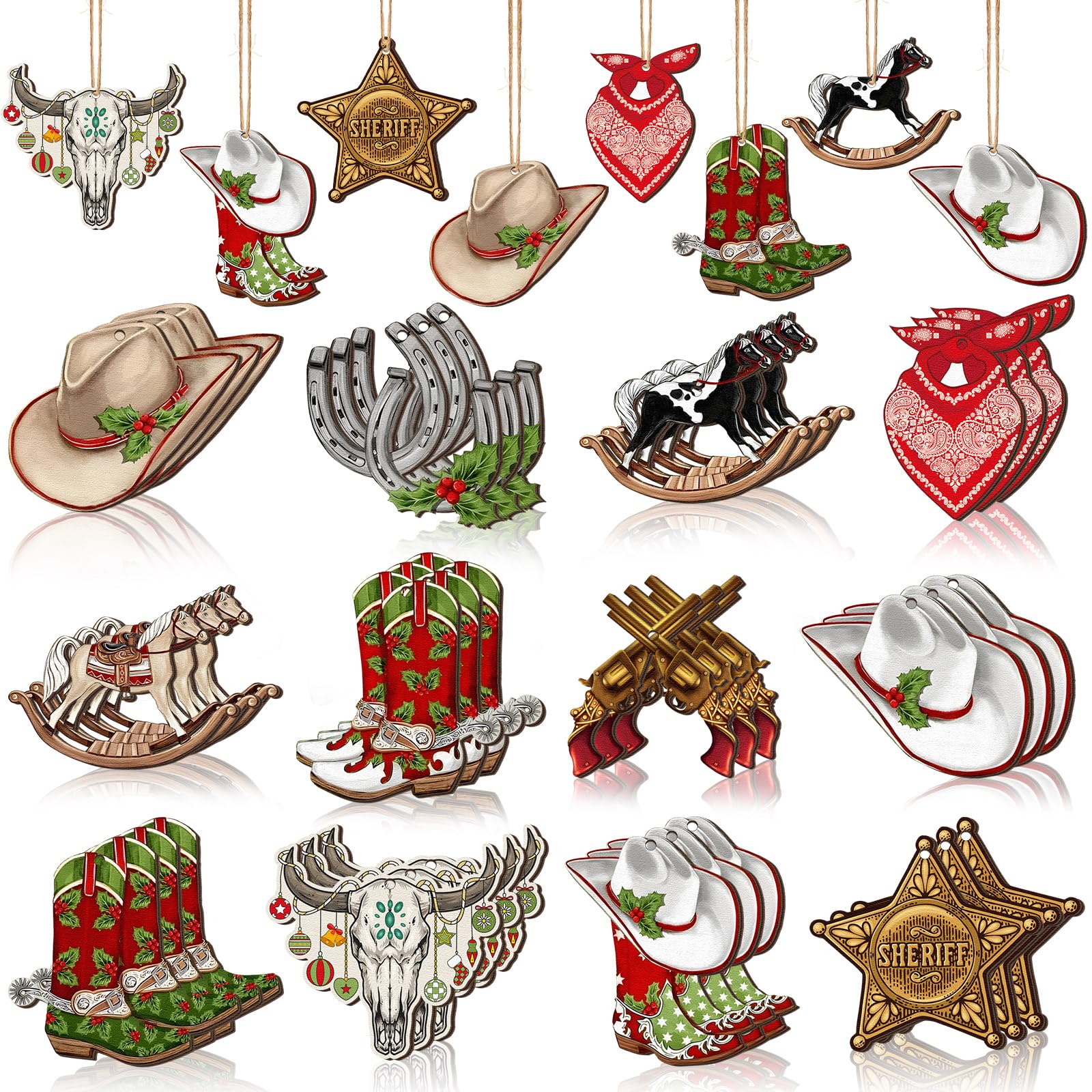 Photo 1 of Memorywuu 36 Pcs Western Christmas Ornaments Cowboy Xmas Tree Decorations Cowboy Hat Boots Sheriff Badge Christmas Baubles Horse Cattle Wooden Cutouts for Tree Home Wreath Party Indoor Decor