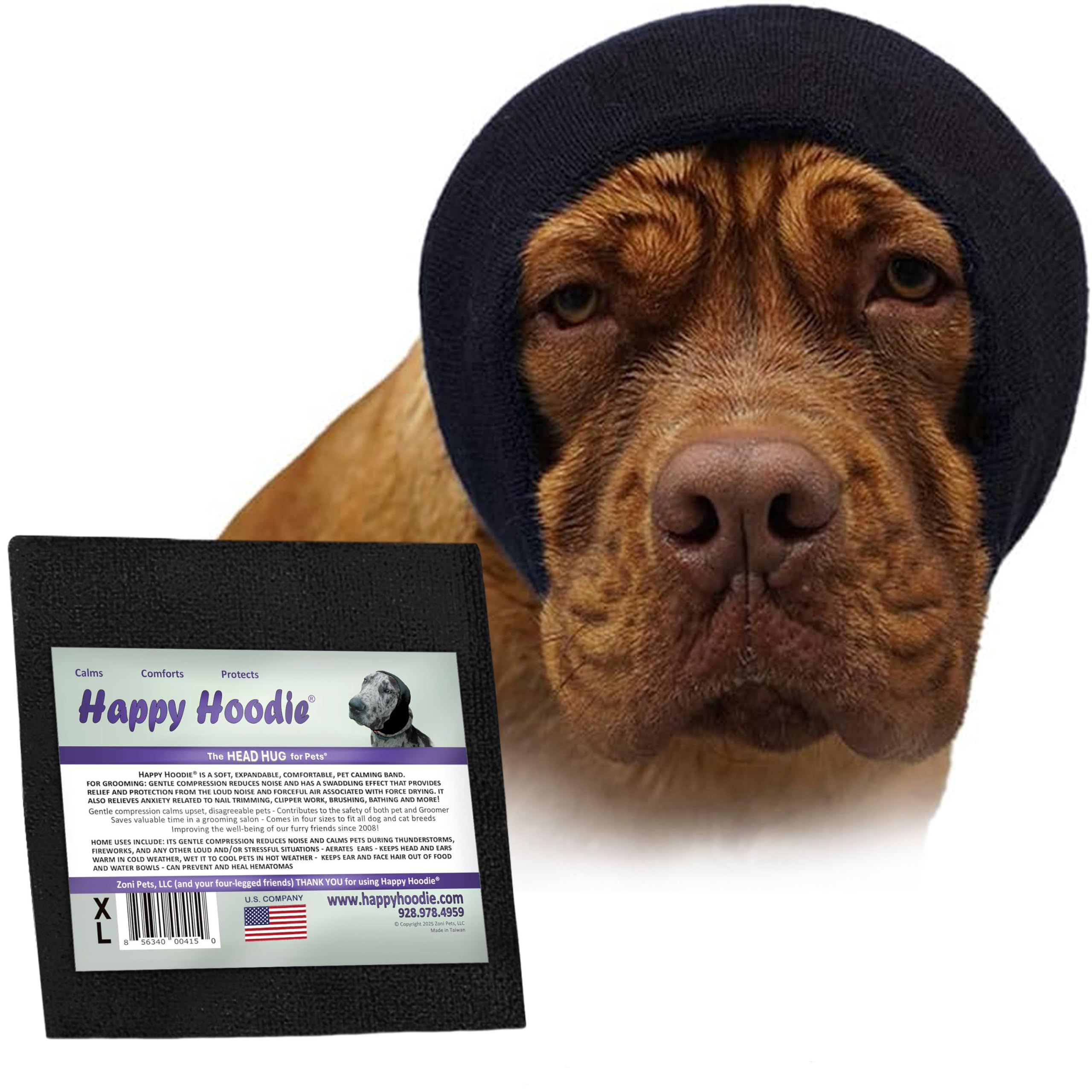 Happy Hoodie The Original Dog & Cat Calming Band, Anxiety Relief/Noise Protection-Grooming-Thunder-Fireworks (X-Large, Black)