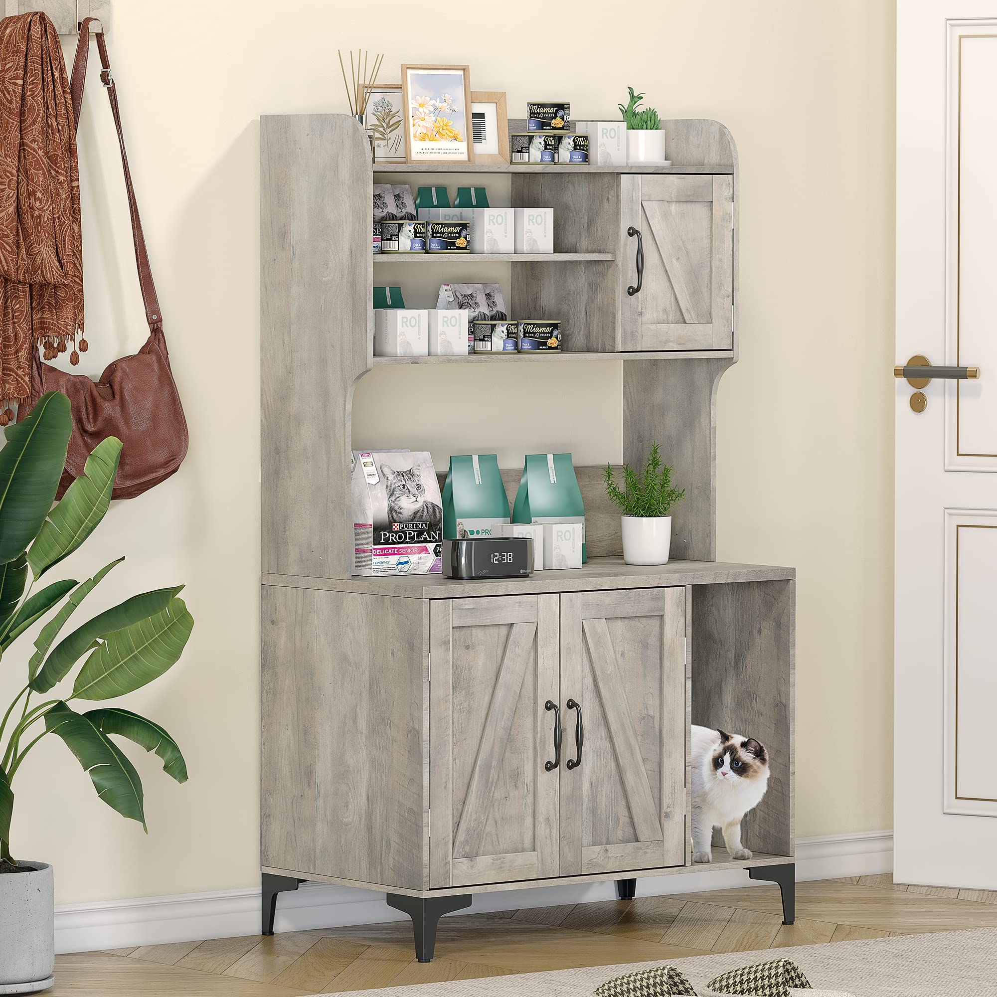 Photo 1 of IDEALHOUSE Cat Litter Box Enclosure with Shelves and Doors,Wood Sturdy Hidden Litter Box Furniture,Indoor Cat House Furniture for Most of Litter Box,Litter Box Cabinet,Grey