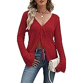 Women Tie Front Cardigan Sweaters Bell Long Sleeve V Neck Knit Bow Sweater Lightweight Y2k Cute Fall Cardigan