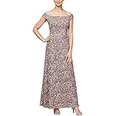 Alex Evenings Womens Long Rosette Off The Shoulder A-line Dress, Formal Event, Weddings (Petite and Regular Sizes)