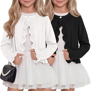 Joiceful 2 Pack Girls Cardigan Bolero Ruffle | Long Sleeve Shrug Sweater, Knit Cropped Sweaters, Open Front Button, Kids Unif
