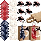 Jeere 12 Sets Cowboy Western Gift Bag Rodeo Party Decorations, Red,Navy | Cowboy Party Favor Bags with Bandanas Horseshoe Stickers Cowgirl Western Goodie Candy Treat Bags Party Supplies