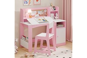 XILINGOL Kids Study Desk with Chair and Tiltable Desktop, Kids Stud Des and Chair Set with Hutch&Storage Cabinet, Wooden Children Study Table for 5-12 Years Old, Student Writing Desk for Bedroom (Pink)