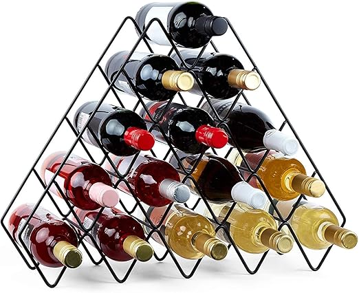 INDIAN DECOR. 218990 Wine Rack, Freestanding Bottle Holder, Shelves, Countertop Storage Metal Brushed Gold Geometric Design for Red White Wine Champagne, Black, 15 Bottle Rack
