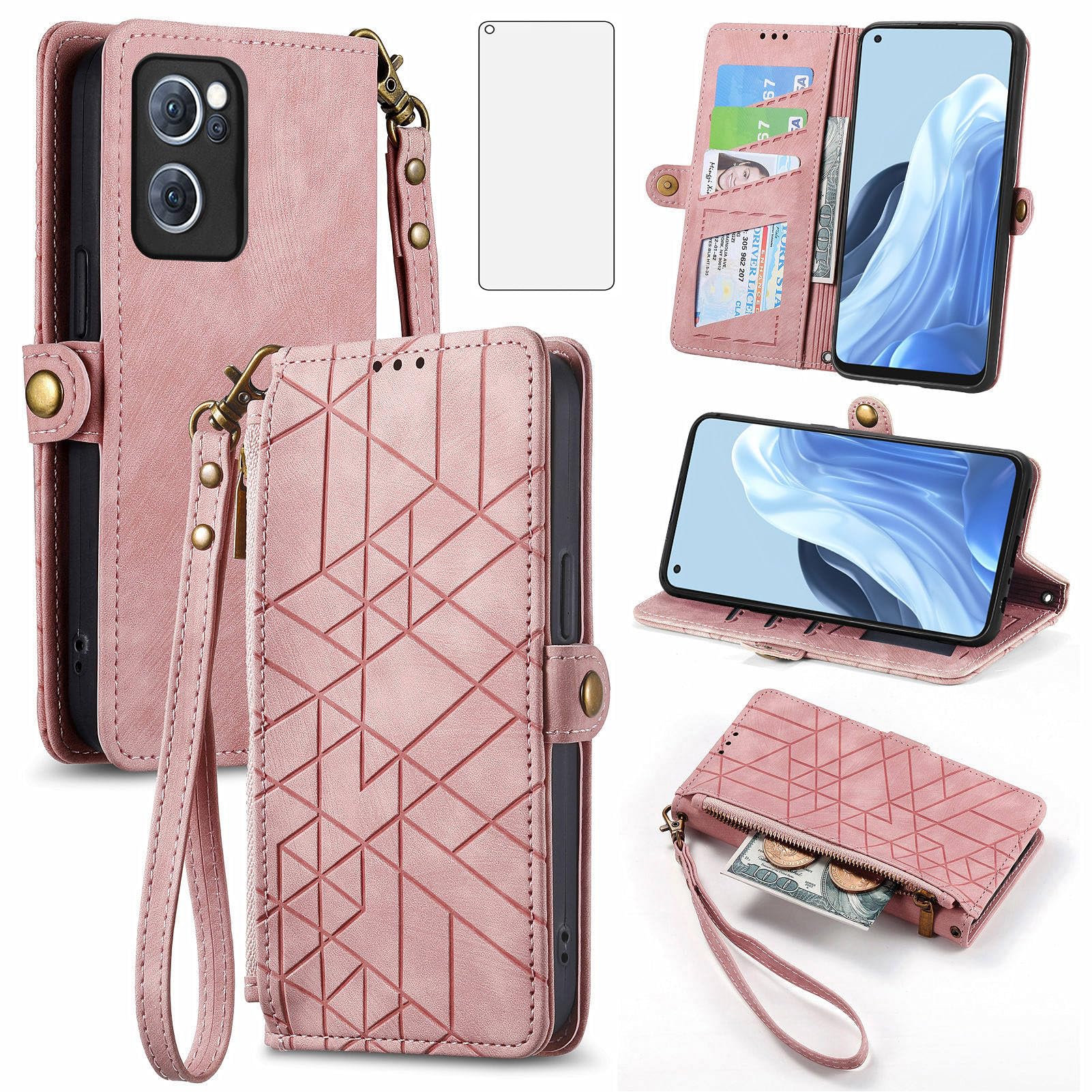 Asuwish Phone Case for OPPO Reno 7 5G/Find X5 Lite Wallet Cover with Tempered Glass Screen Protector and Wrist Strap Flip Zipper Credit Card Holder Stand Cell Accessories Reno7/X5Lite Women Men Pink