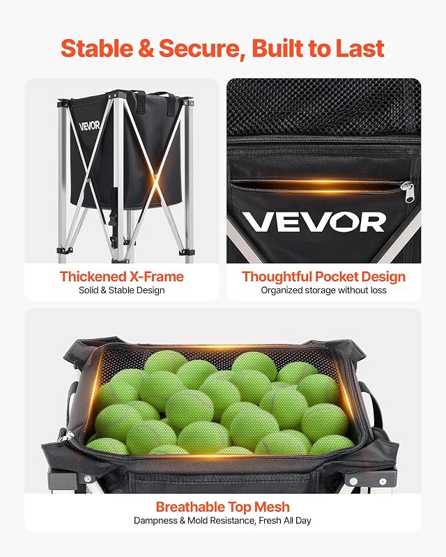 Panier à Balles de Tennis avec roulettes, Capacité de 200 Balles, Chariot Pliable Ramasse-Balles en Acier INOX, Panier Portable pour Entraînement de Tennis et Pickleball, avec Sac de Rangement