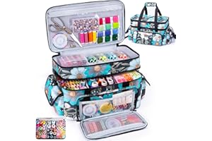 AMOIGEE Large 15" Double-Layer Sewing Storage Bag with Detachable Diviers – Large Sewing Organizer with Shoulder Strap, Elastic Loops for Sewing Supplies, Tools & Accessories