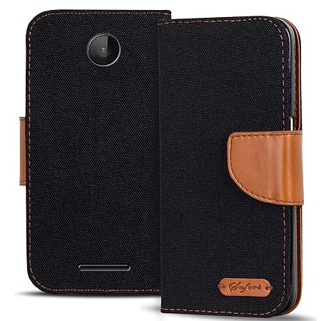 Verco Lumia 532 Hülle, Schutzhülle für Microsoft Lumia 532 Tasche Denim Textil Book Case Flip Case - Klapphülle Schwarz