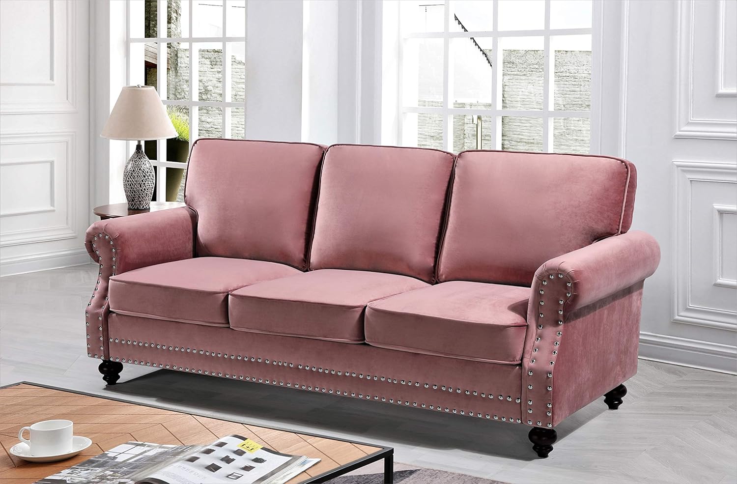 Container Furniture Direct Lotus Mid Century Modern Velvet Upholstered Living Room Rolled Arms, Sofa and Loveseat, Rose: Furniture & Decor
