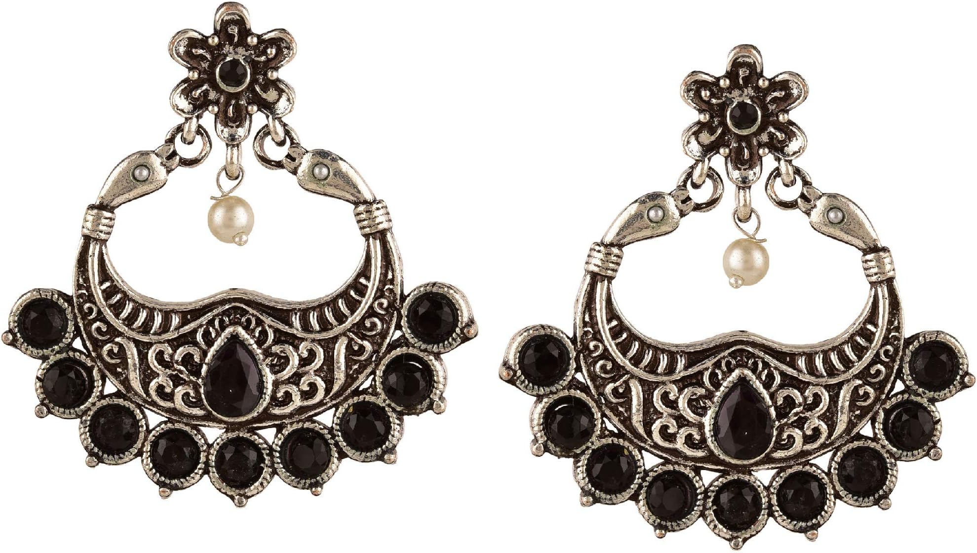 Boho Vintage Antique Gypsy Tribal Crystal Kundan Indian Oxidized Silver Chandbali Dangle Earrings Jewelry