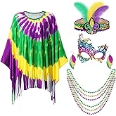 Hicarer Mardi Gras Costume Accessory Set Carnival Tie Dye Poncho for Women Mardi Gras Cape Scarf Shawl Feather Headband Mask Beads Earrings Masquerade Party Supplies 60s 70s Hippie Outfits