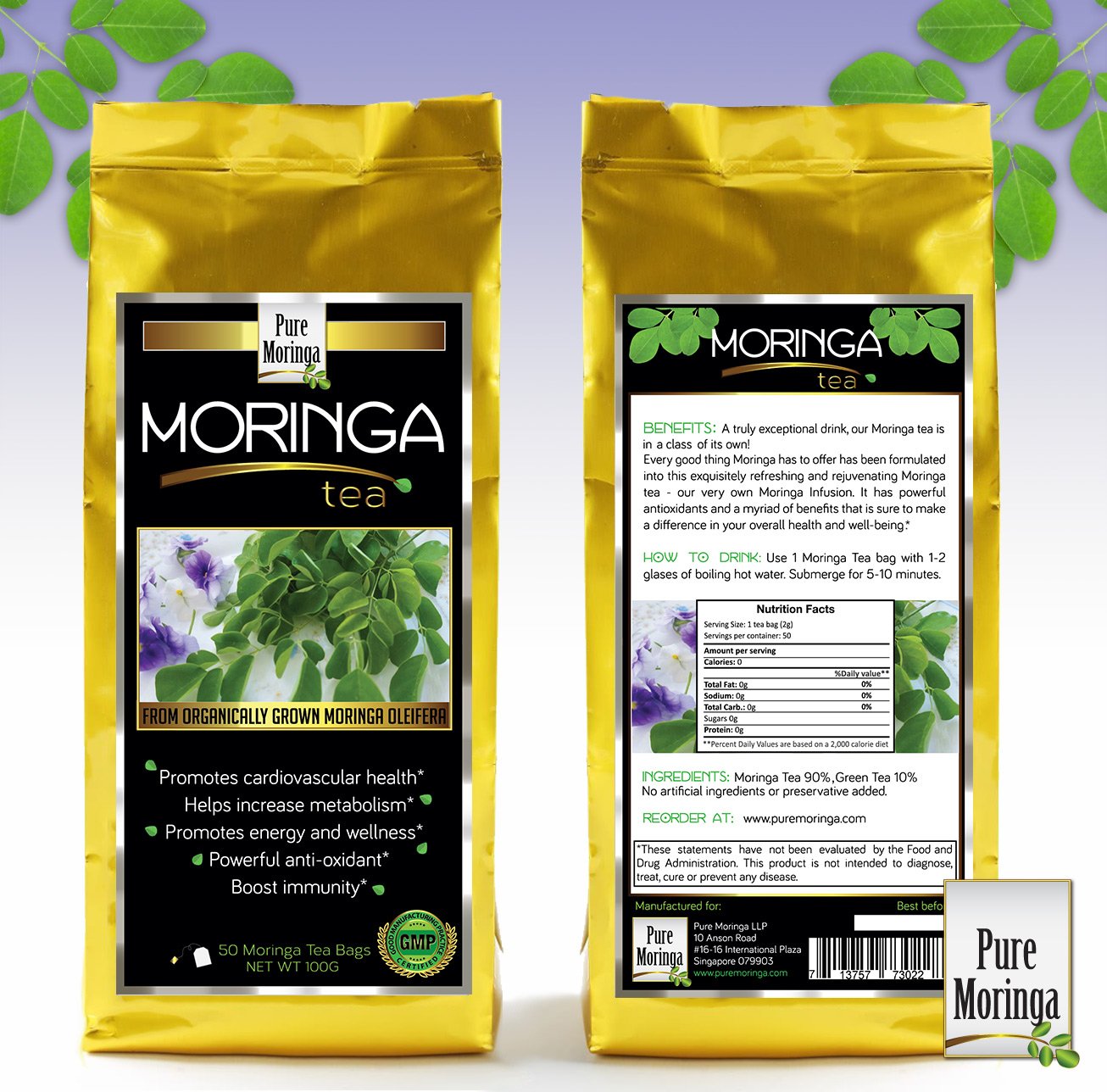 Moringa Tea Pure Moringa Oleifera, 50 Tea Bags, Enjoy Benefits of