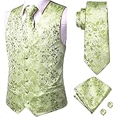 Dubulle Suit Vest and Tie Set Mens Grass Green Paisley Floral Silk V-neck Waistcoats for Men with Necktie Wedding Tuxedo