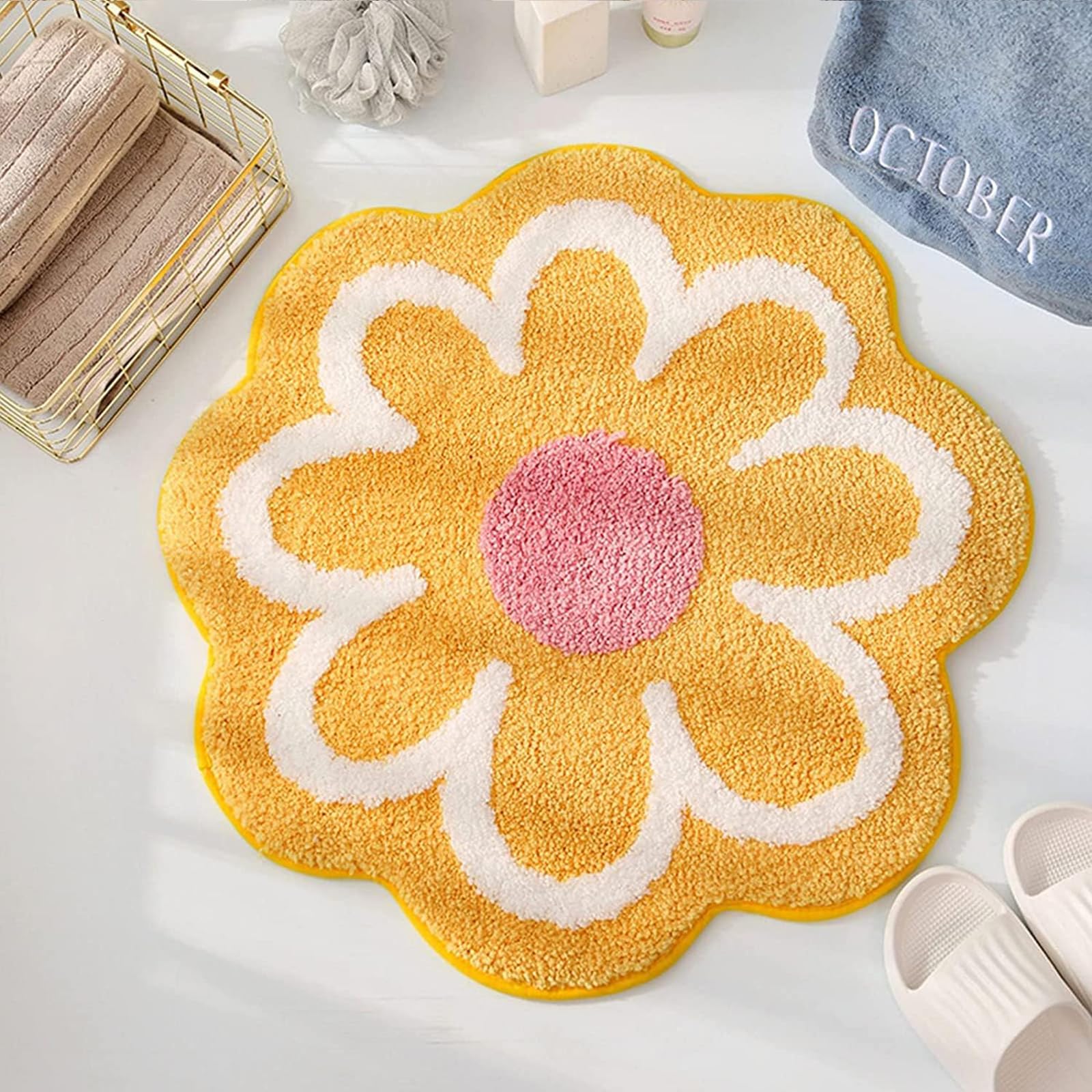 JUSTUP Bath Mat, 25.6 x 25.6 Inches, Soft Non-Slip Floral Cartoon Rug, High Hygroscopicity, Bathroom, Kitchen, Living Room, Toilet, Yellow