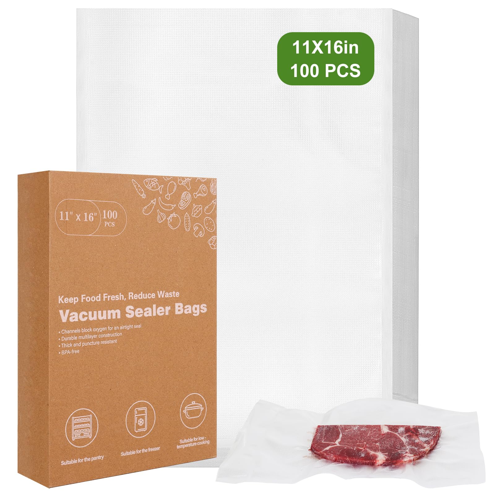 Photo 1 of [2025 Upgraded] Moretoes 100pcs Vacuum Sealer Bags, Food Saver Bags Gallon 11" x 16", BPA Free, Pre-cut Commercial Grade Vac Bags for Food Storage, Meal Prep or Sous Vide